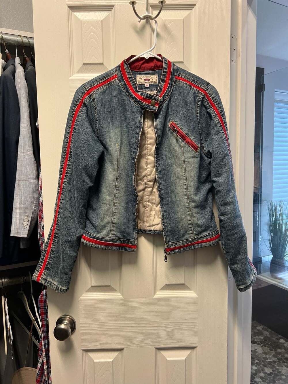 Picasso Style Jean PSJ Red Stripe Moto Denim Jacket Size M